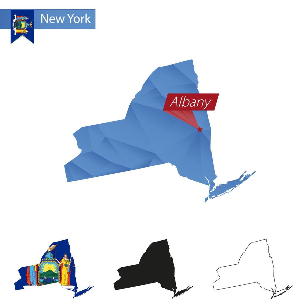 mapa polivinílico bajo azul del estado de nueva york con capital albany. vector