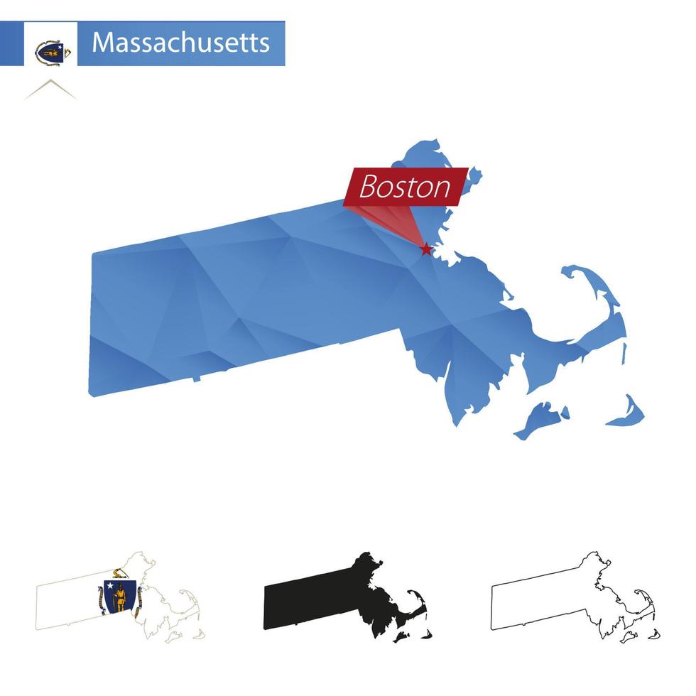 State of Massachusetts blue Low Poly map with capital Boston. vector