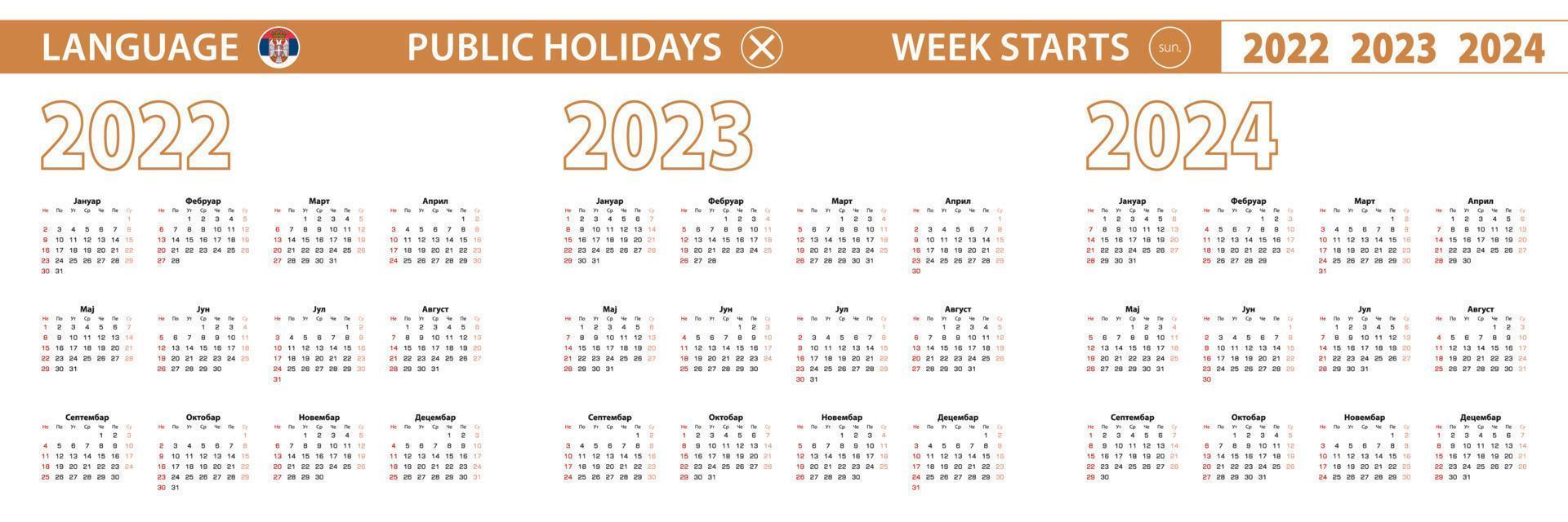 2022, 2023, 2024 year vector calendar in Serbian language, week starts on Sunday.