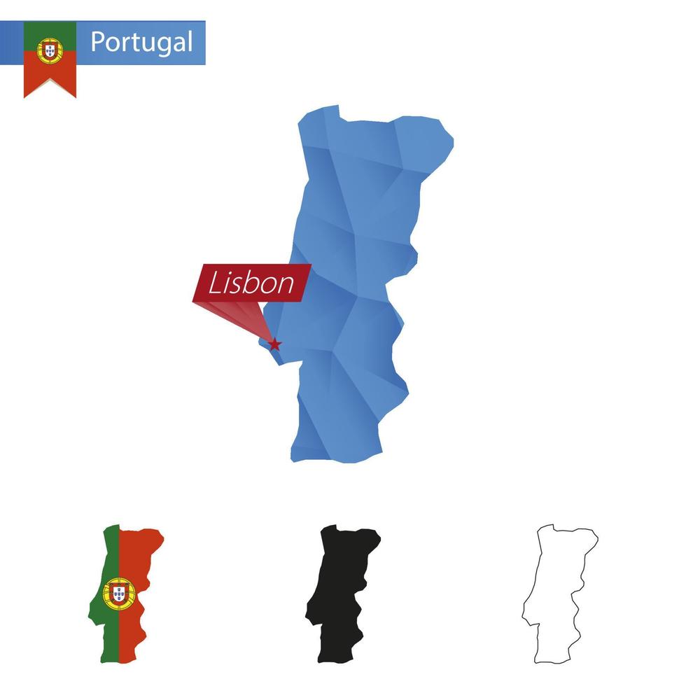 Portugal blue Low Poly map with capital Lisbon. vector