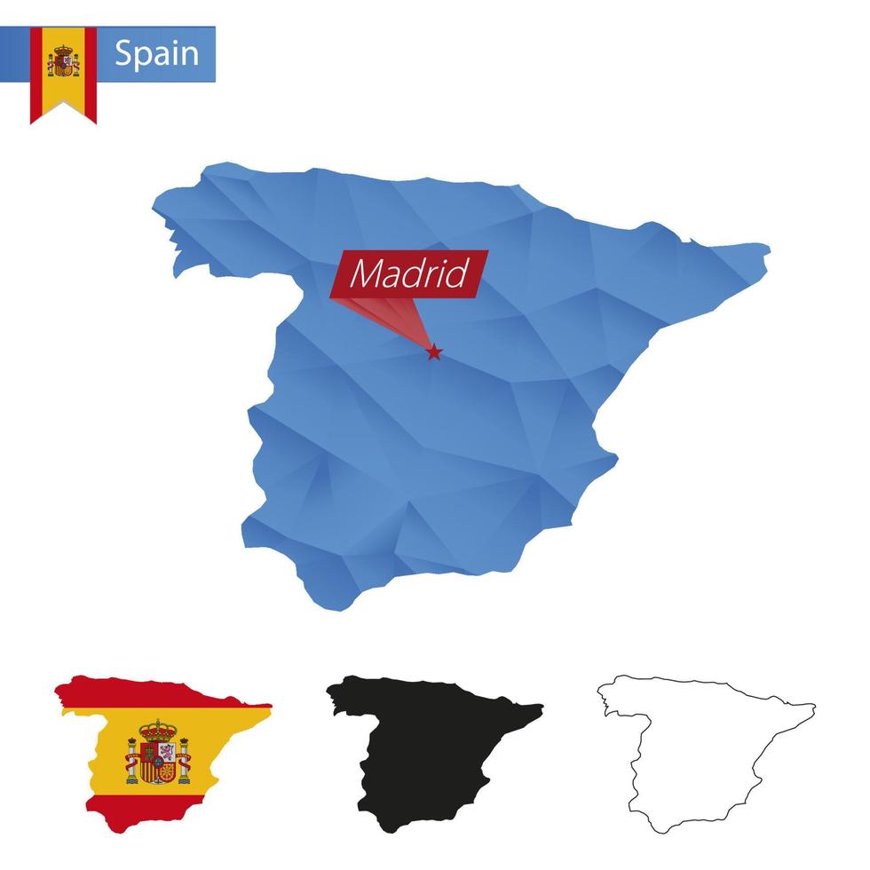 Mapa polivinílico bajo azul de españa con capital madrid. vector