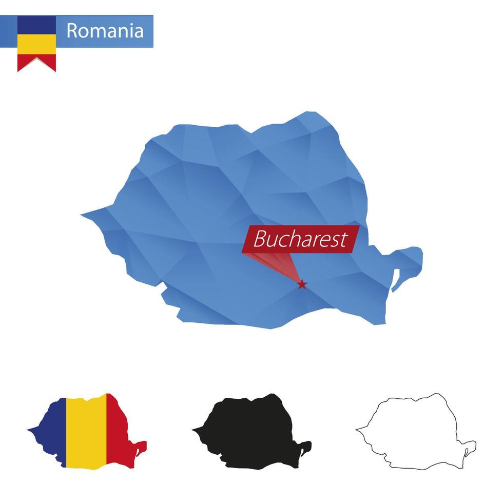 Romania blue Low Poly map with capital Bucharest. vector