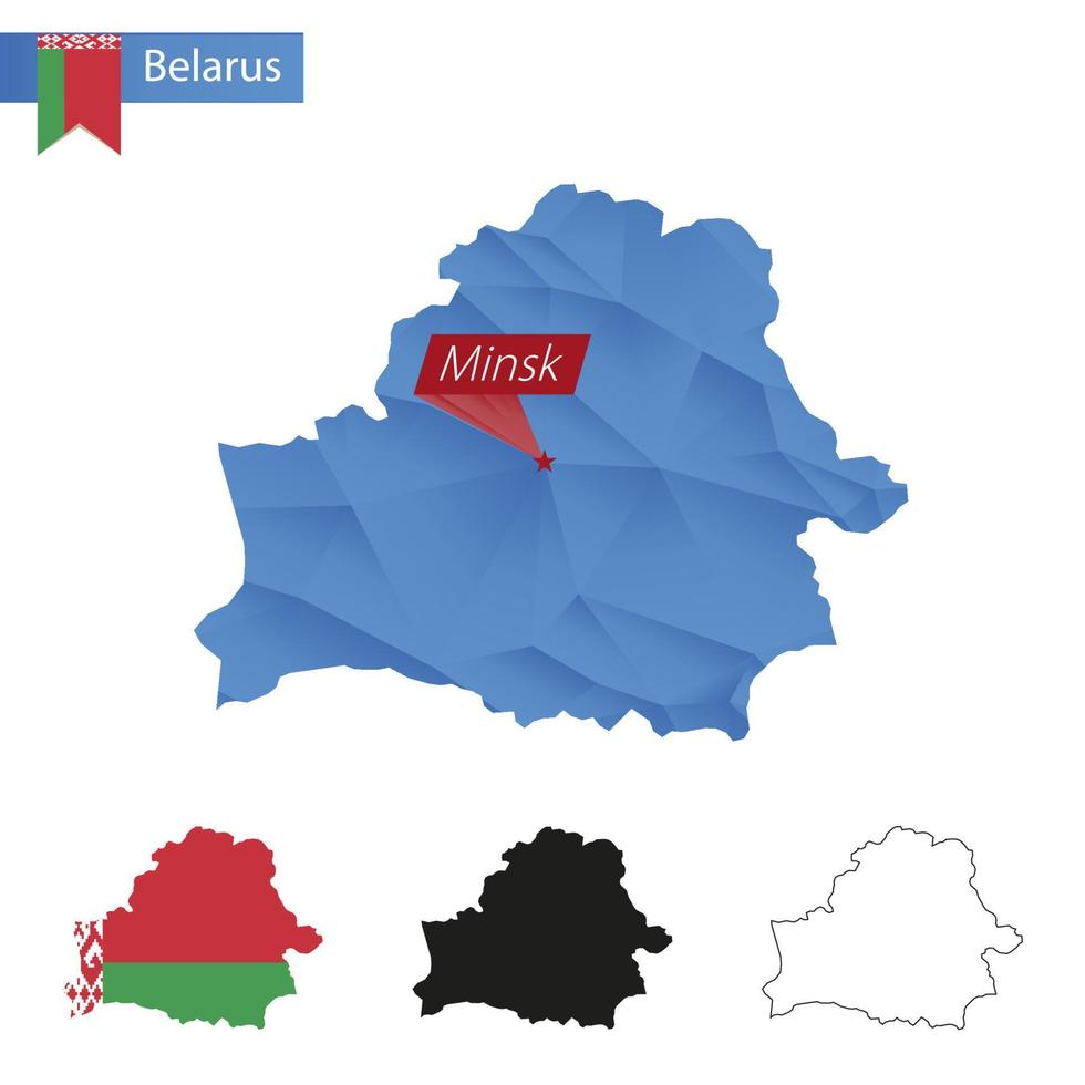 Belarus blue Low Poly map with capital Minsk. vector