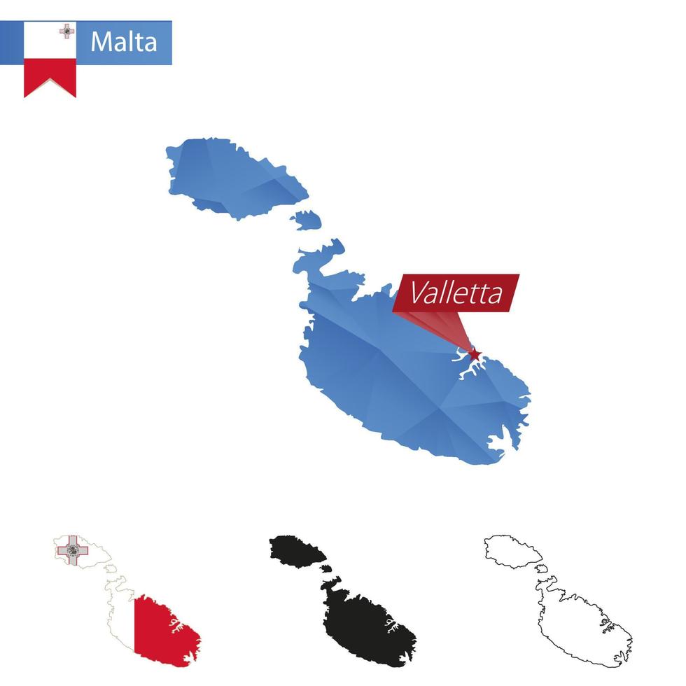 Malta blue Low Poly map with capital Valletta. vector