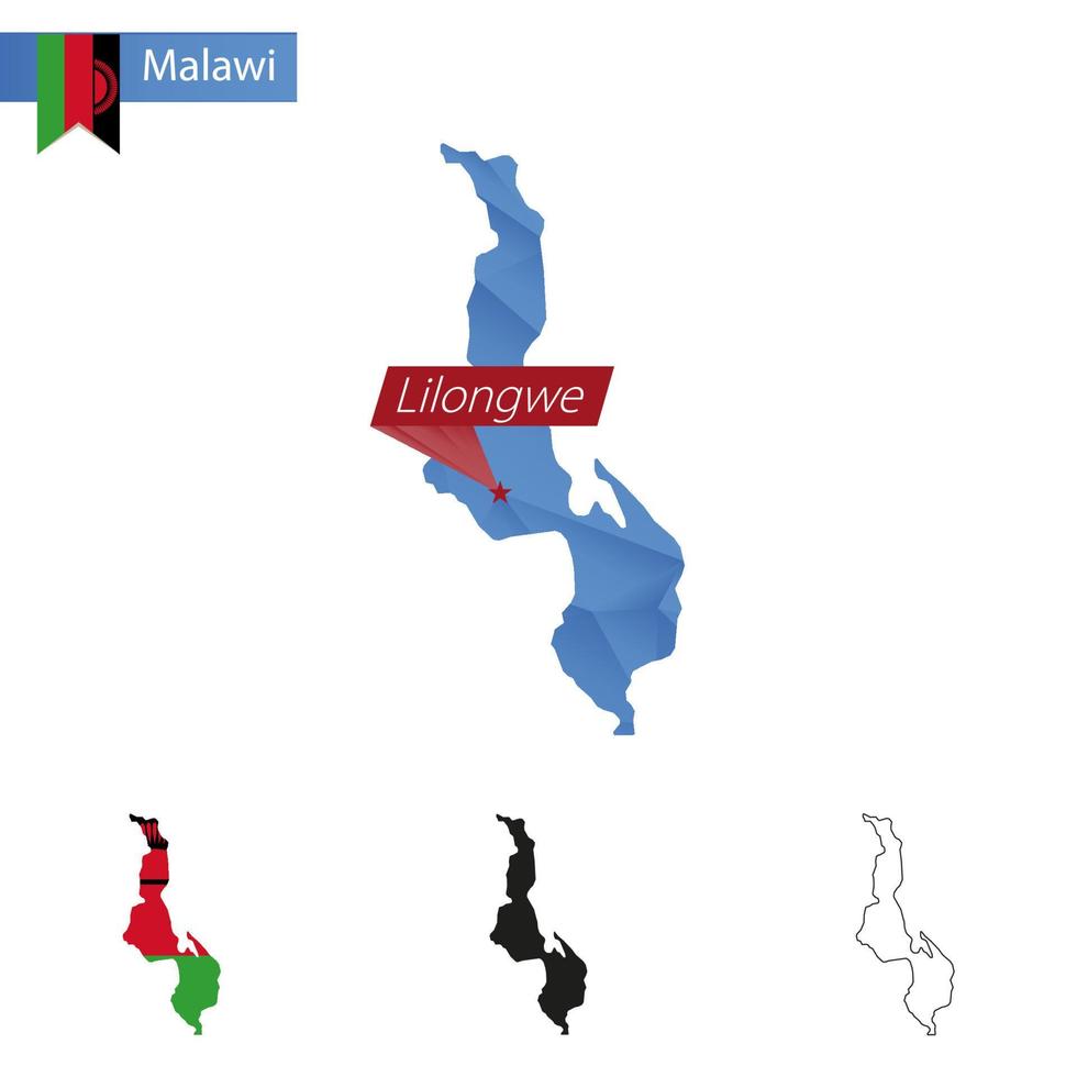 Malawi blue Low Poly map with capital Lilongwe. vector