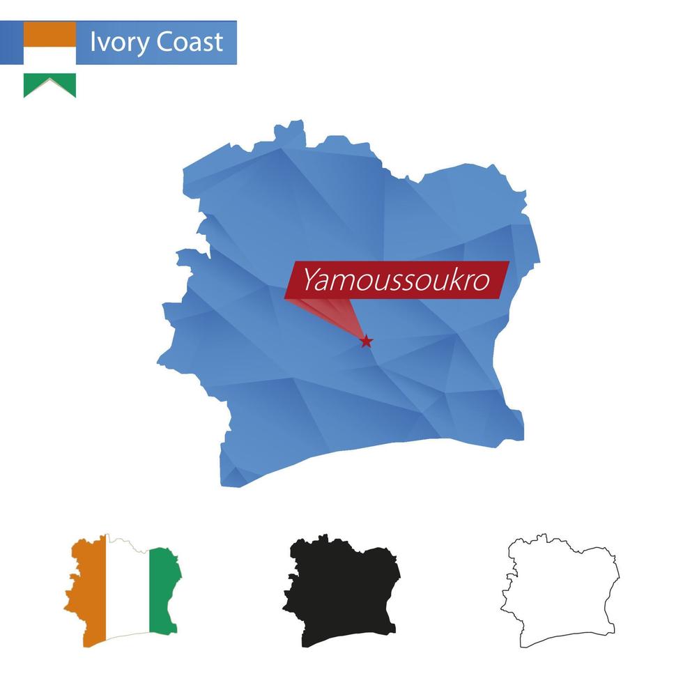 Ivory Coast blue Low Poly map with capital Yamoussoukro. vector