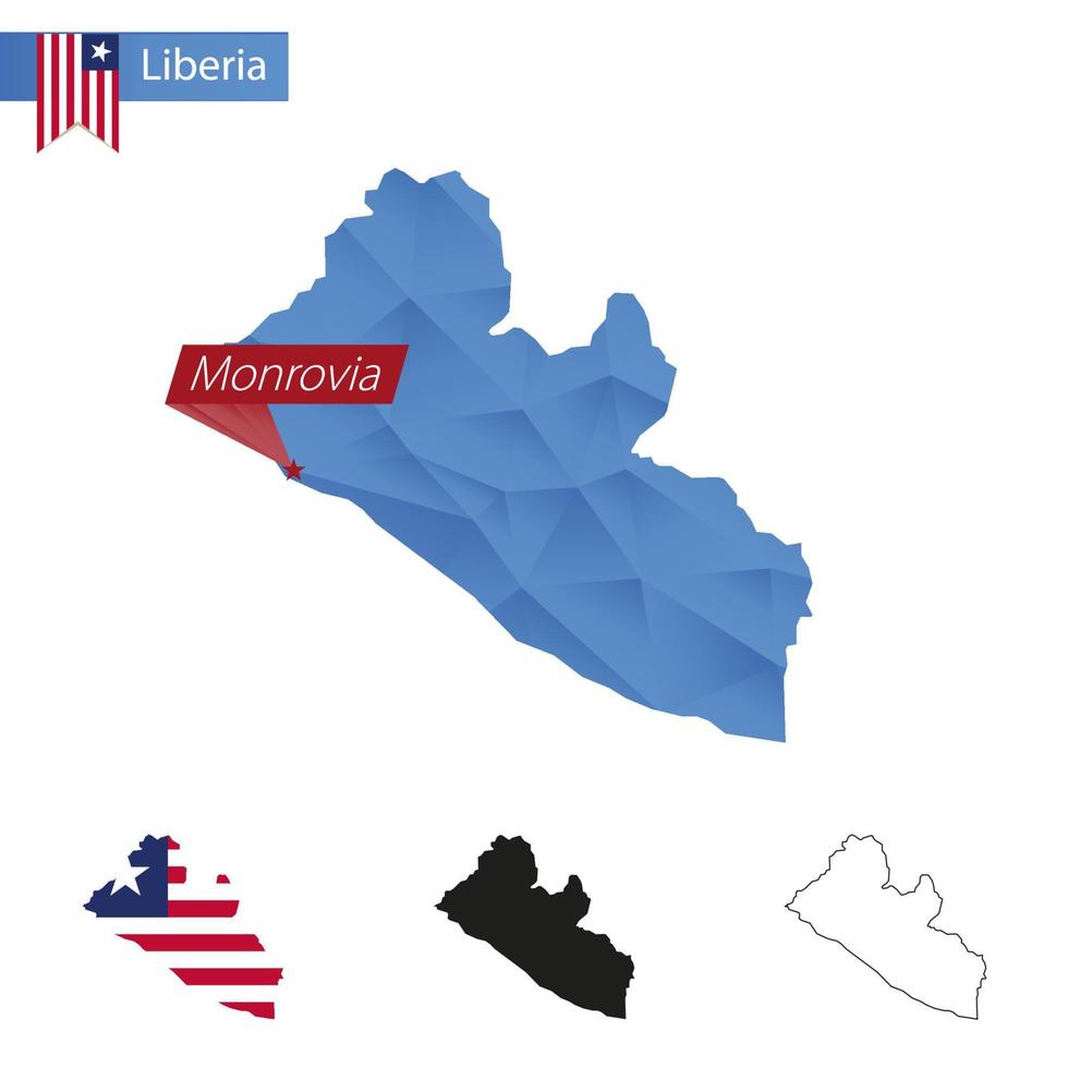 Liberia blue Low Poly map with capital Monrovia. vector