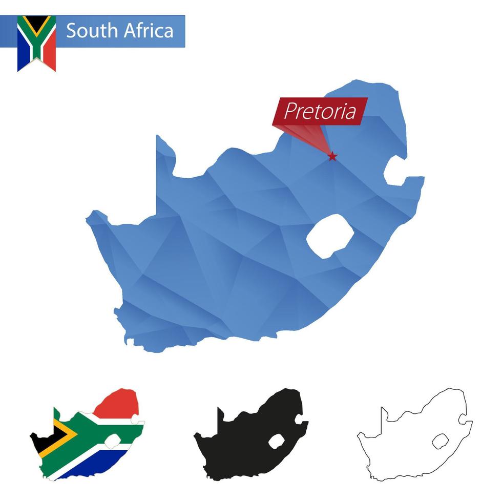 mapa azul de baja poli de sudáfrica con capital pretoria. vector