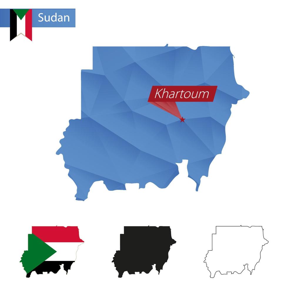Sudan blue Low Poly map with capital Khartoum. vector