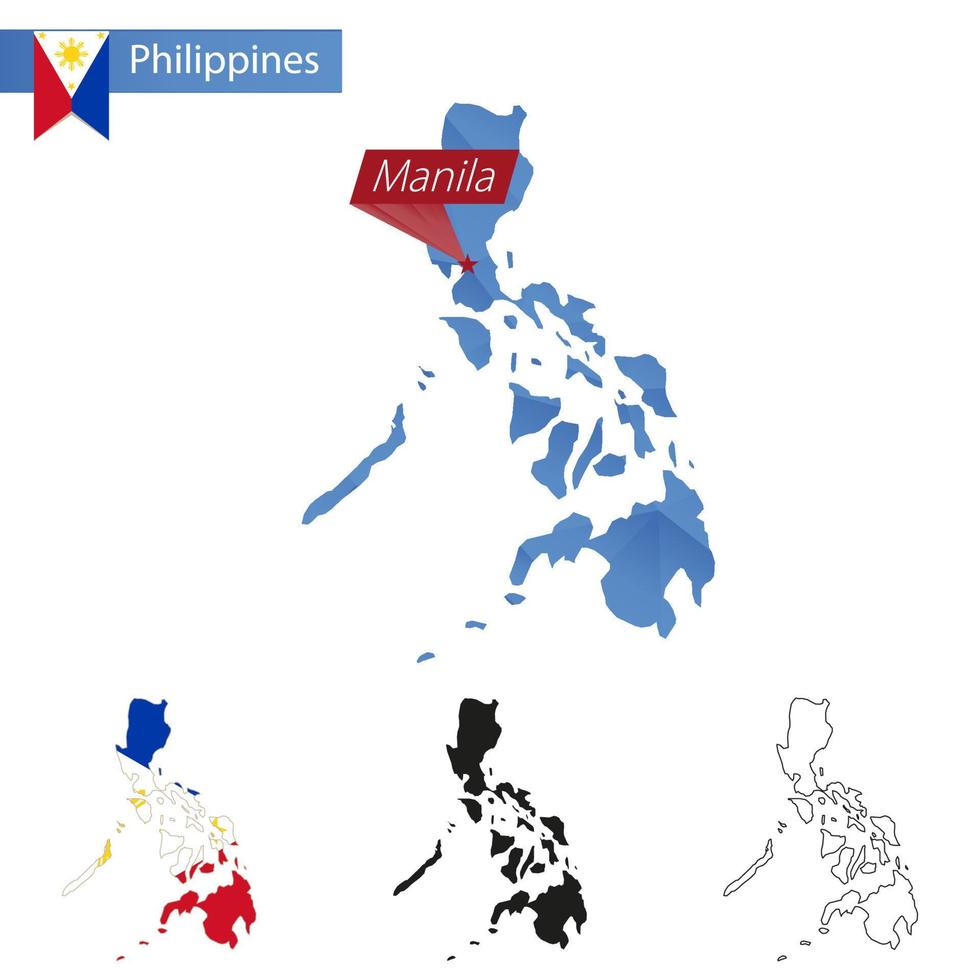 Mapa polivinílico bajo azul de Filipinas con capital manila. vector