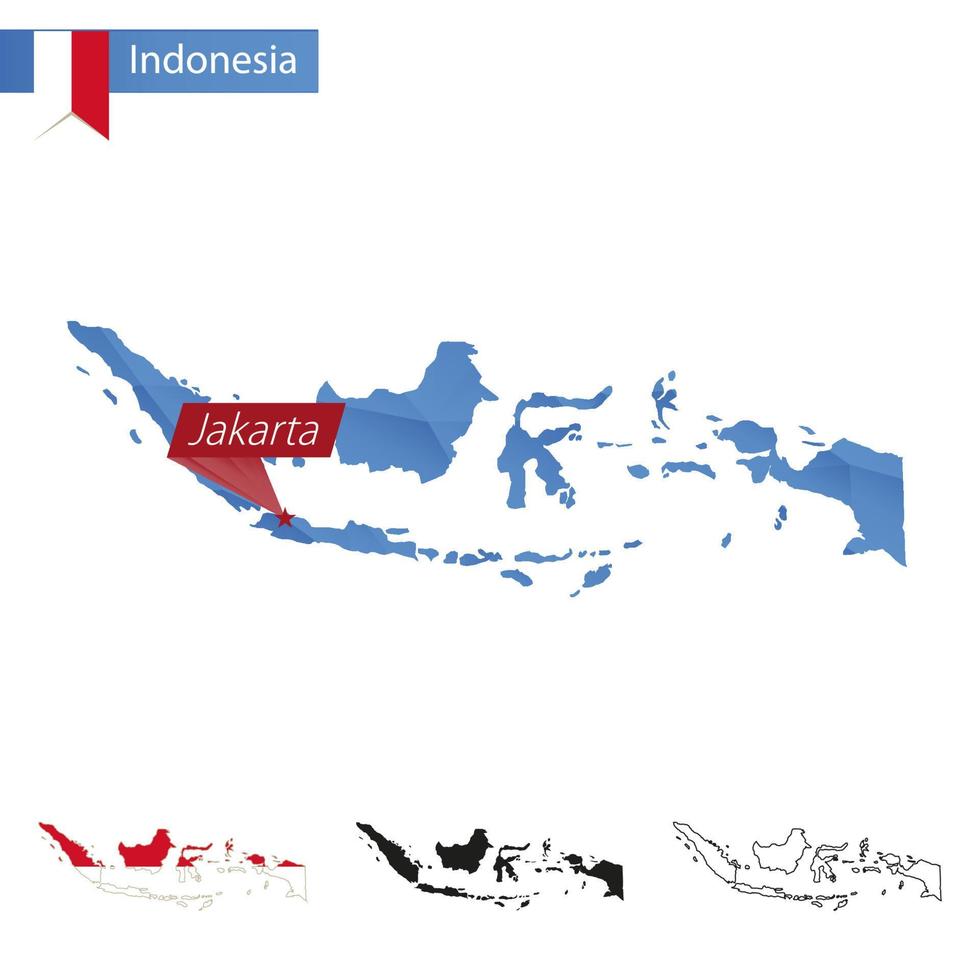 mapa polivinílico bajo azul de indonesia con capital jakarta. vector