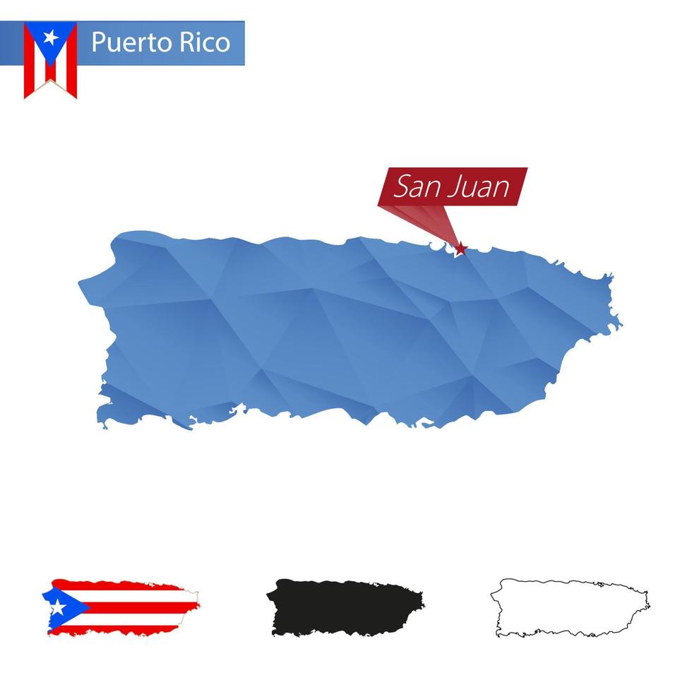 mapa polivinílico bajo azul de puerto rico con capital san juan. vector