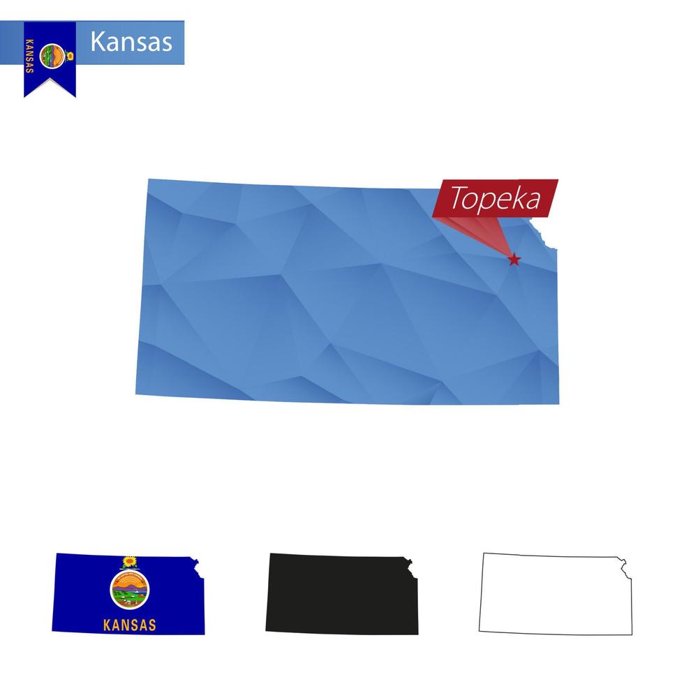 mapa polivinílico bajo azul del estado de kansas con capital topeka. vector