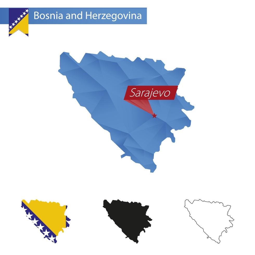 Bosnia and Herzegovina blue Low Poly map with capital Sarajevo. vector