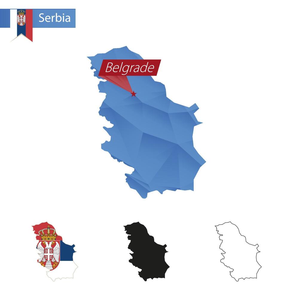 Mapa polivinílico azul bajo de serbia con capital belgrado. vector