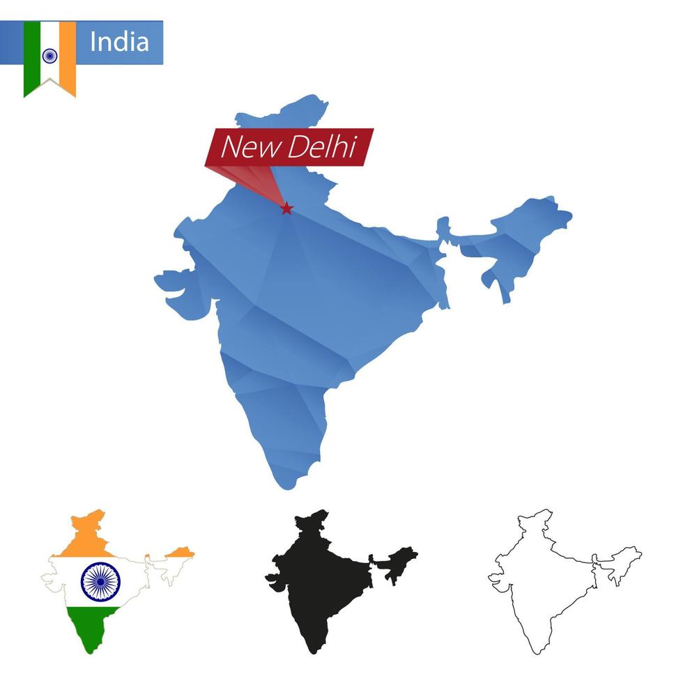 India blue Low Poly map with capital New Delhi. vector