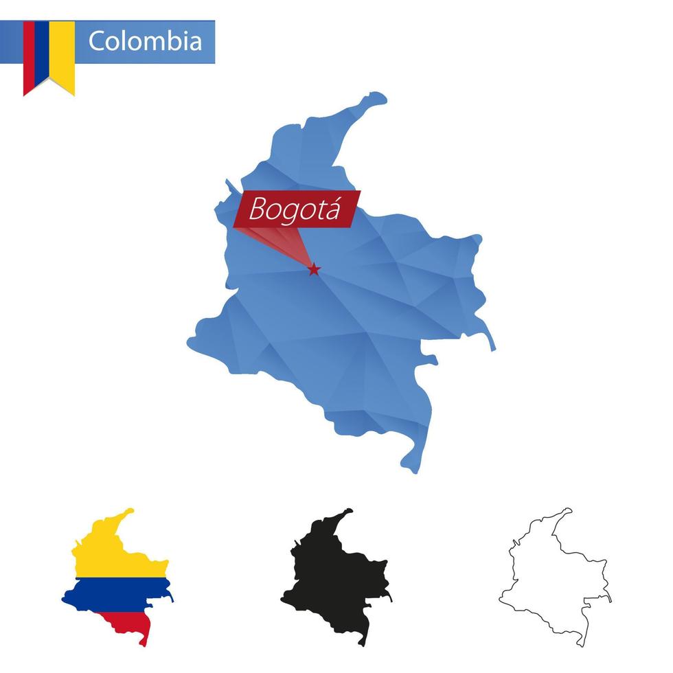 Mapa polivinílico bajo azul de colombia con capital bogotá. vector