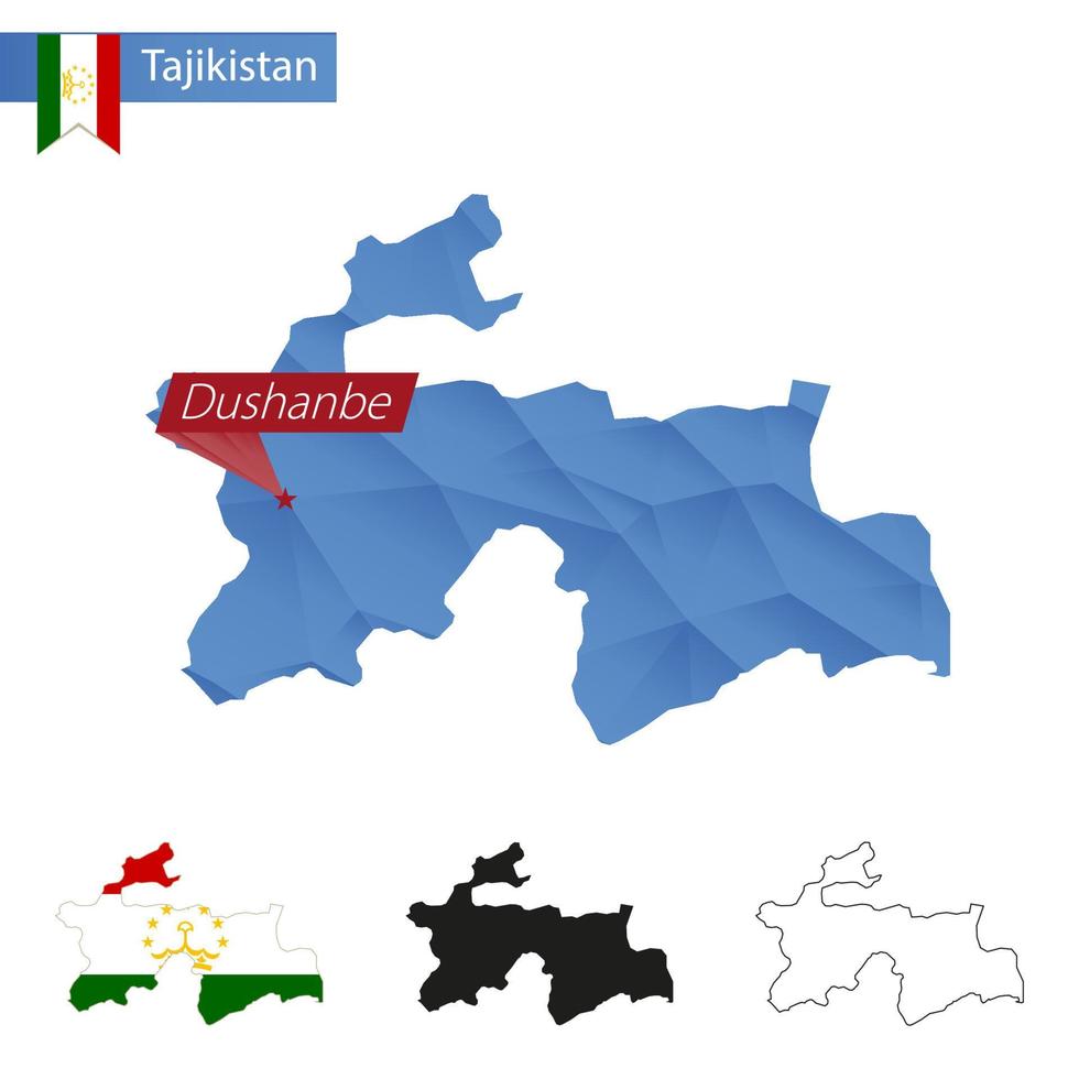 Tajikistan blue Low Poly map with capital Dushanbe. vector