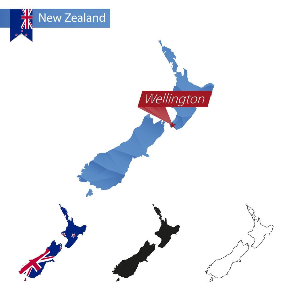 New Zealand blue Low Poly map with capital Wellington. vector