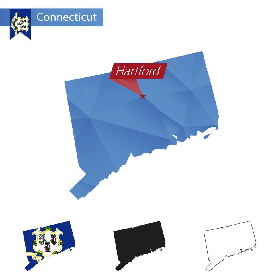 State of Connecticut blue Low Poly map with capital Hartford. vector