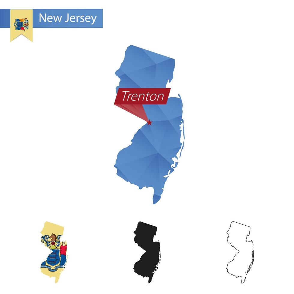 State of New Jersey blue Low Poly map with capital Trenton. vector