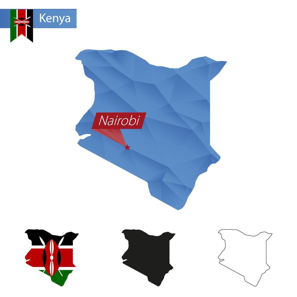 Kenya blue Low Poly map with capital Nairobi. vector