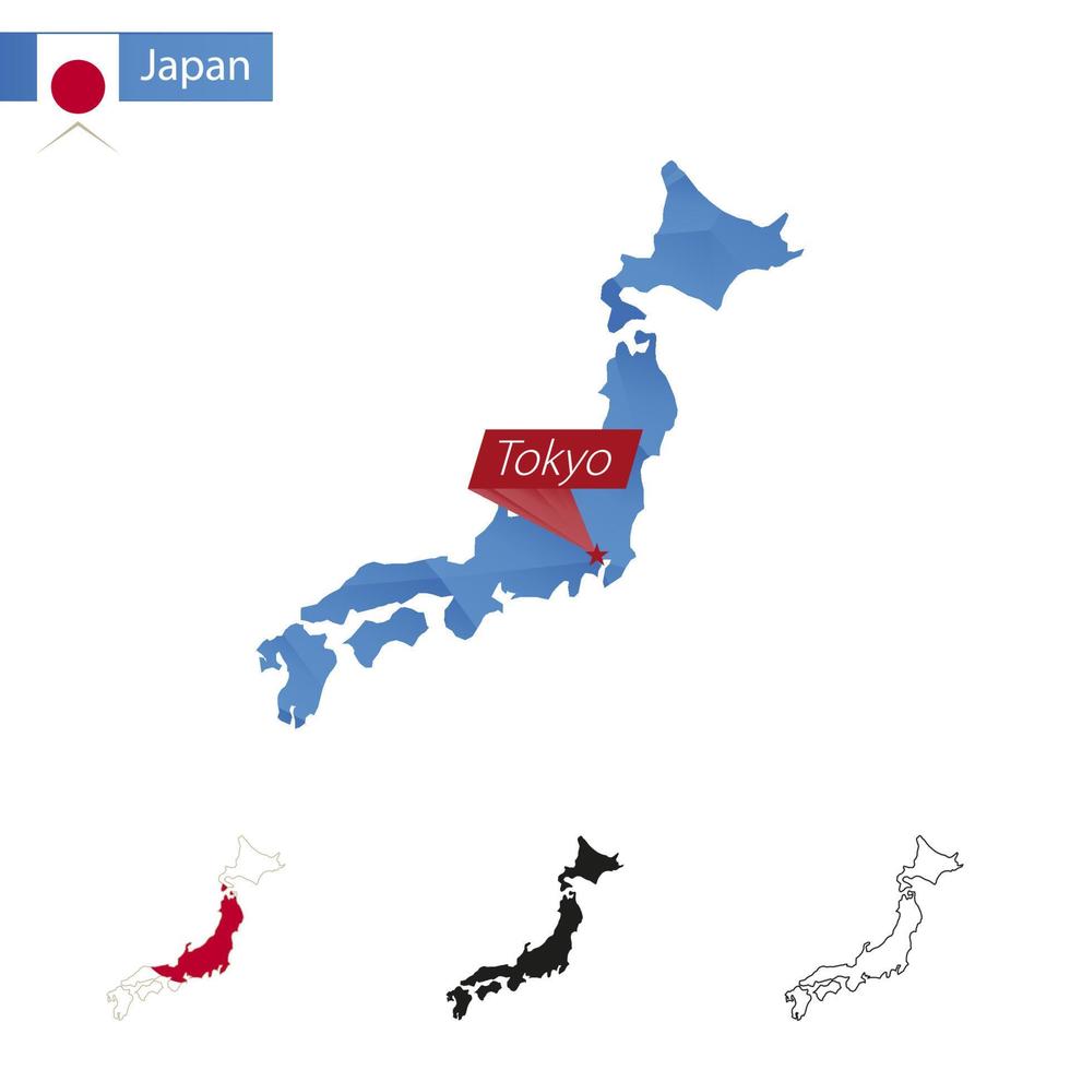 mapa azul de baja poli de japón con capital tokio. vector
