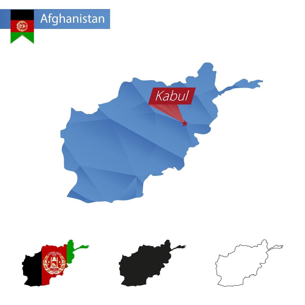 Mapa polivinílico bajo azul de afganistán con kabul capital. vector
