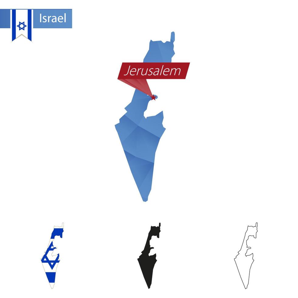 Israel blue Low Poly map with capital Jerusalem. vector