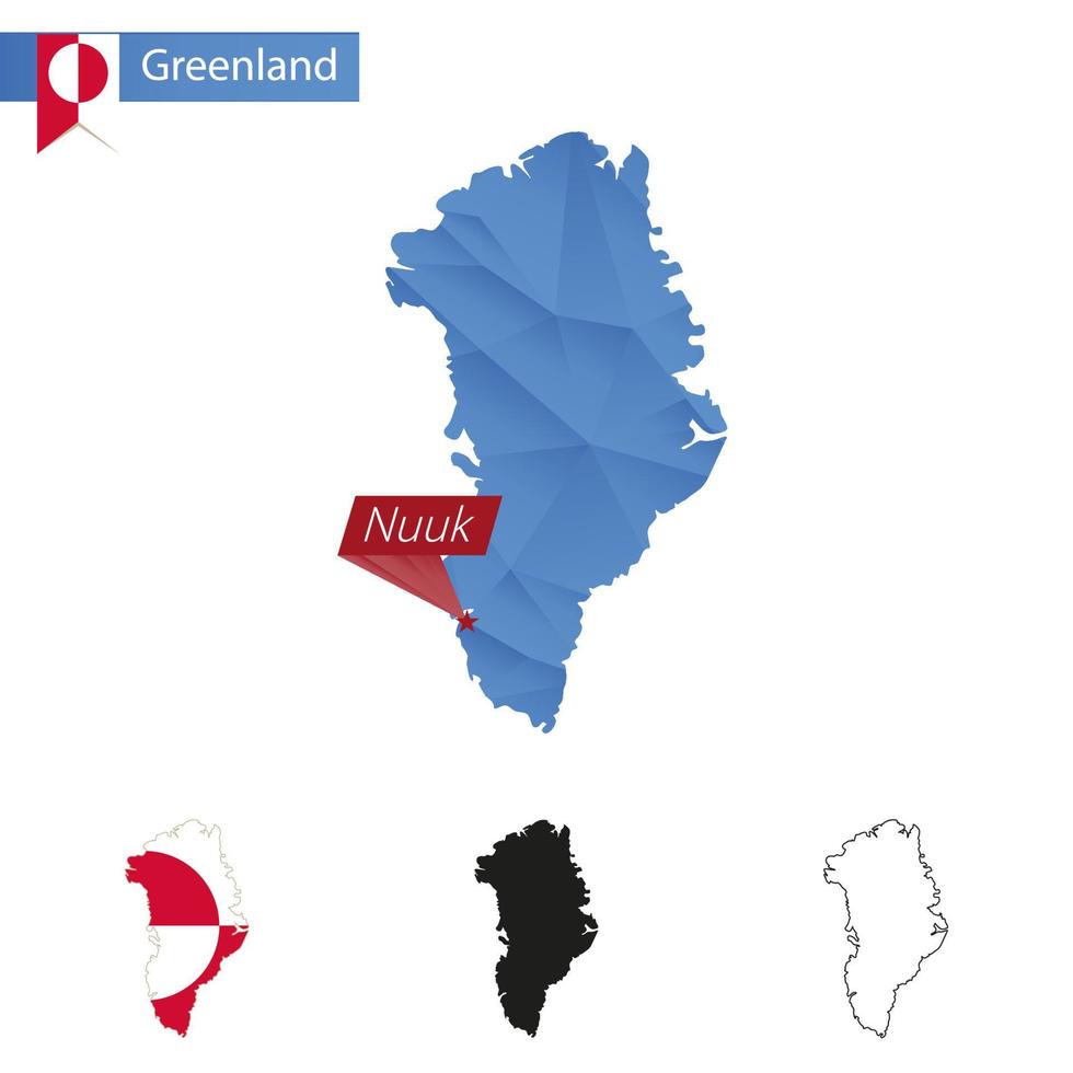 Mapa polivinílico bajo azul de Groenlandia con nuuk capital. vector