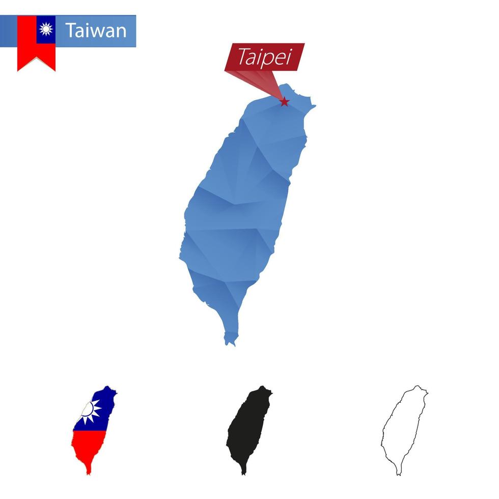 mapa azul de taiwán de baja poli con capital taipei. vector