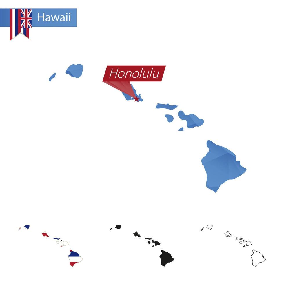 mapa polivinílico bajo azul del estado de hawaii con capital honolulu. vector