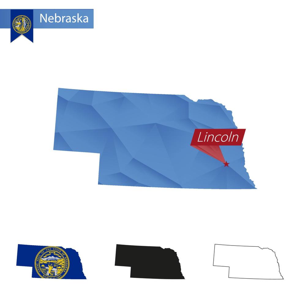 mapa polivinílico bajo azul del estado de nebraska con capital lincoln. vector