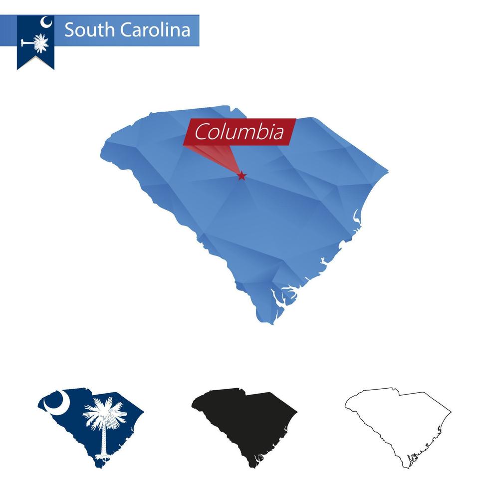 mapa polivinílico bajo azul del estado de carolina del sur con capital columbia. vector