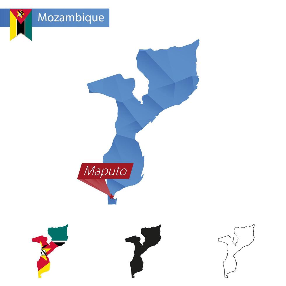 Mozambique blue Low Poly map with capital Maputo. vector