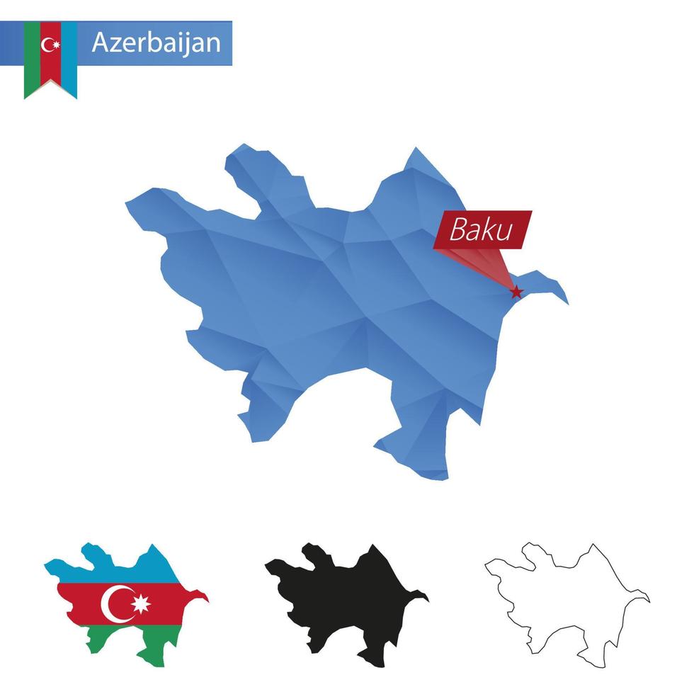 Azerbaijan blue Low Poly map with capital Baku. vector