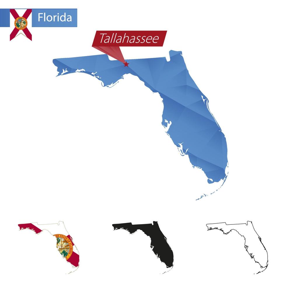 mapa polivinílico bajo del estado de florida azul con capital tallahassee. vector