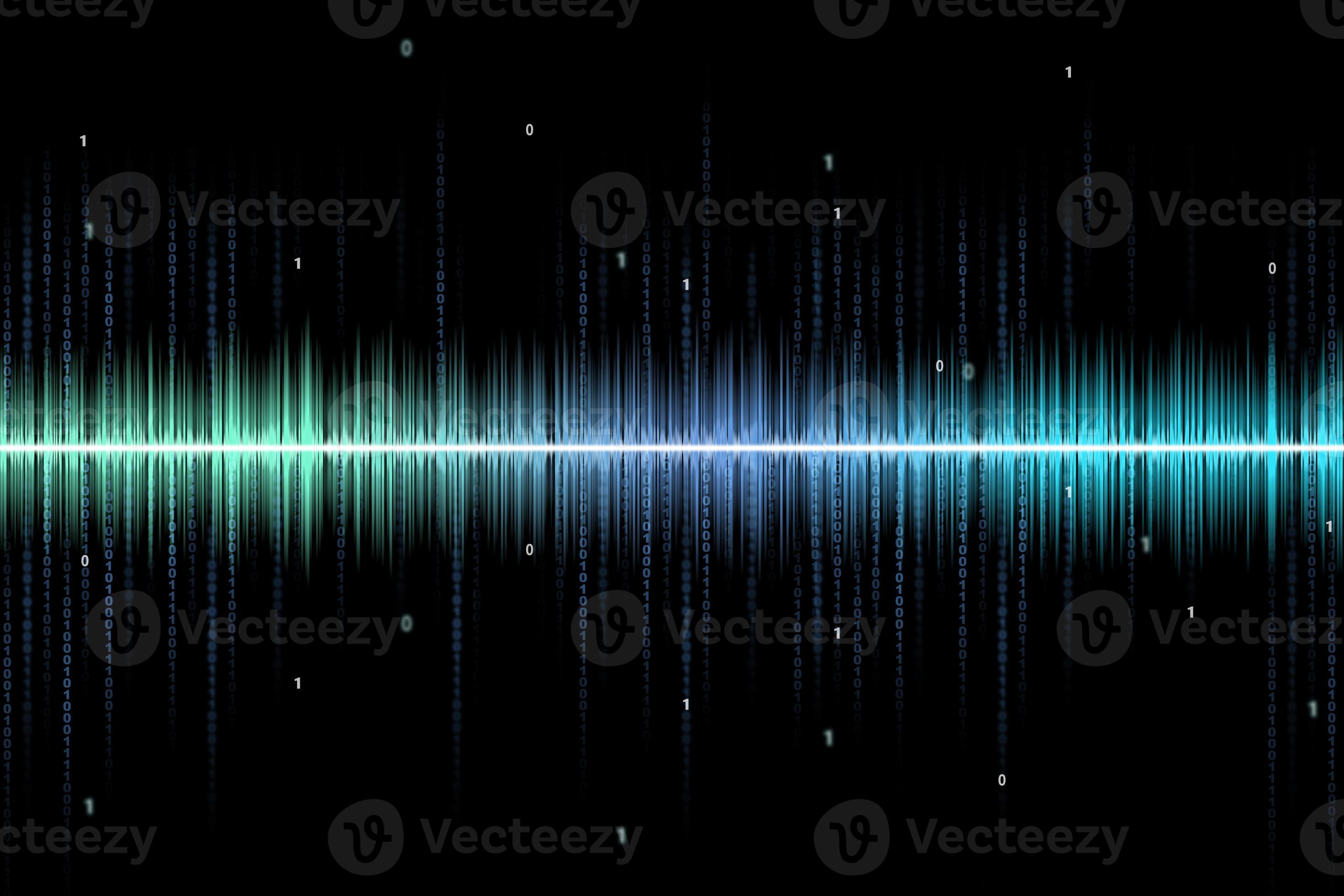 Abstract blue rhythmic digital sound wave with binary code on black