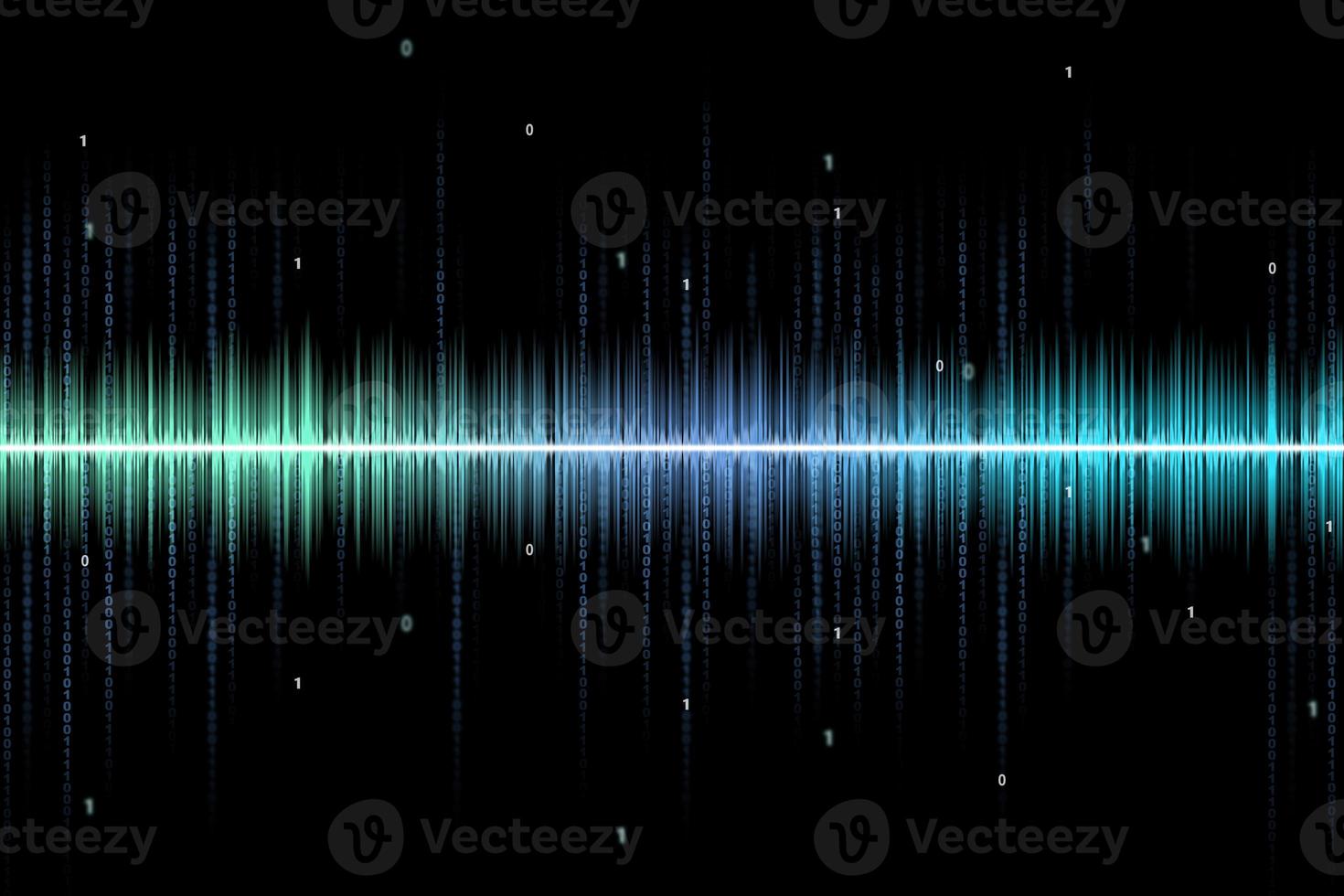 Abstract blue rhythmic digital sound wave with binary code on black background. Sound waveform. Digital information photo