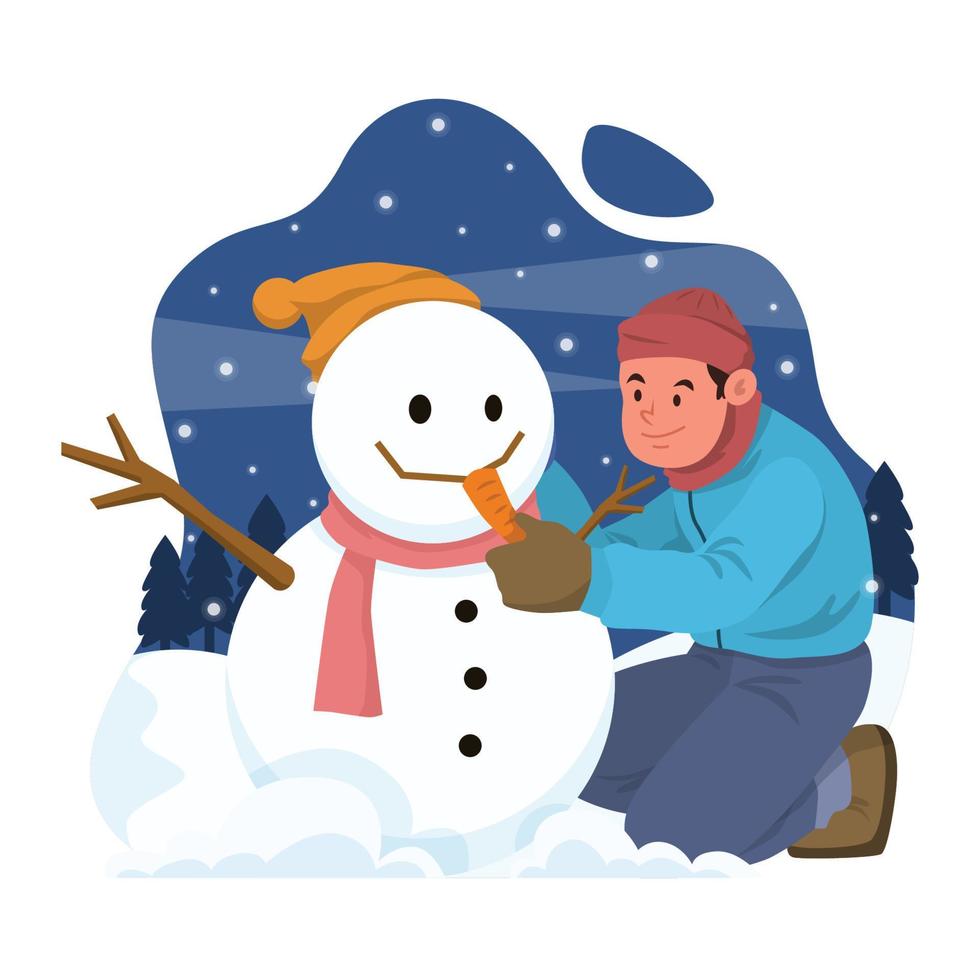 un hombre haciendo un muñeco de nieve en la noche vector