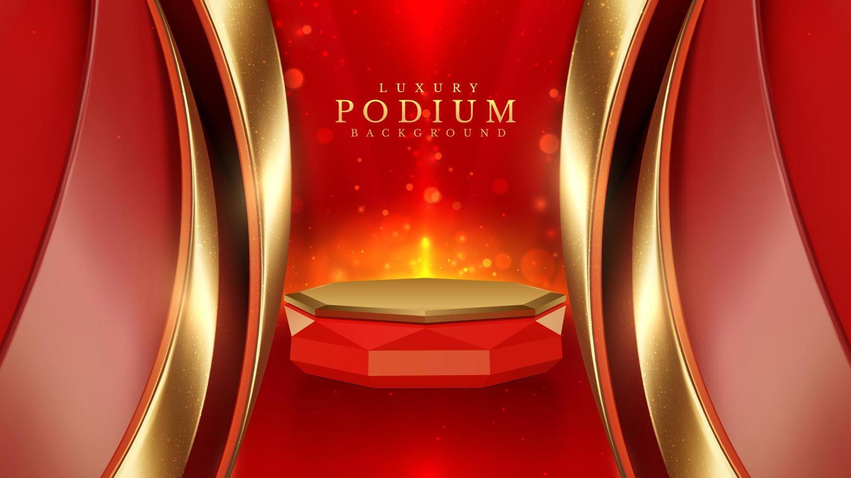 Red color podium with ribbon elements and gold lines with glitter light effect decoration and bokeh. vector