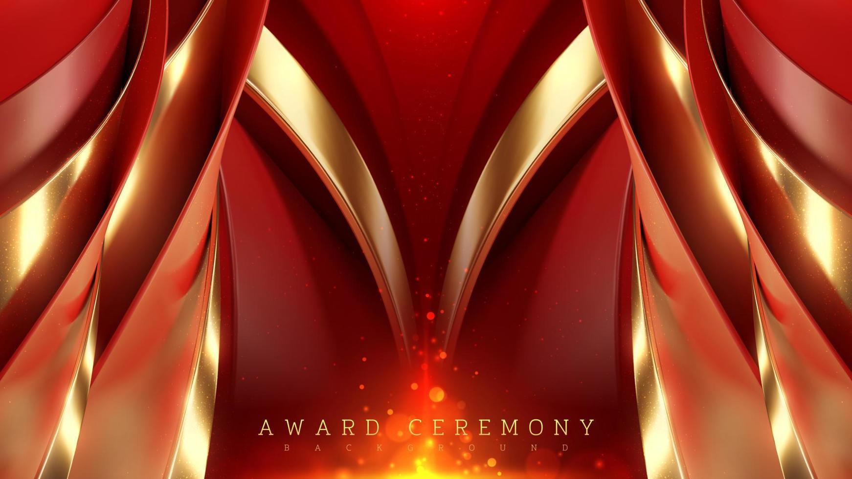 Gold curved lines on red luxury background with glitter light effects decorations. Award ceremony scene design. vector