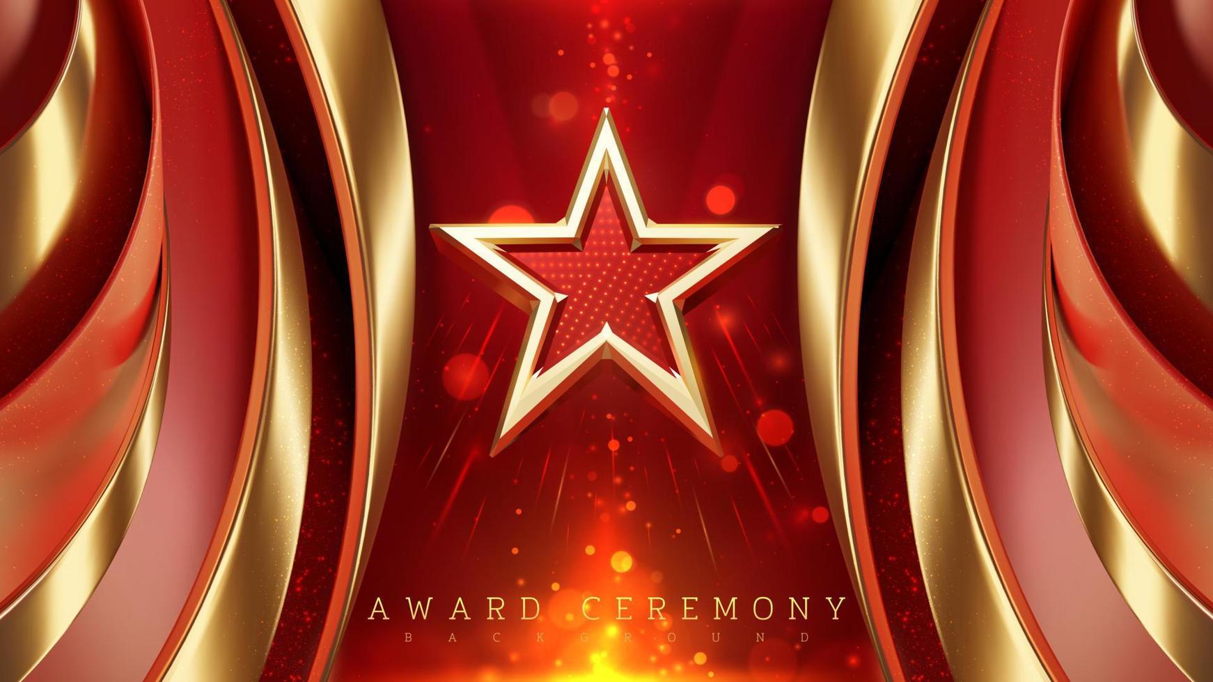 Golden 3D stars on red background decorated with curves and glitter and bokeh. Award ceremony backdrop design. vector