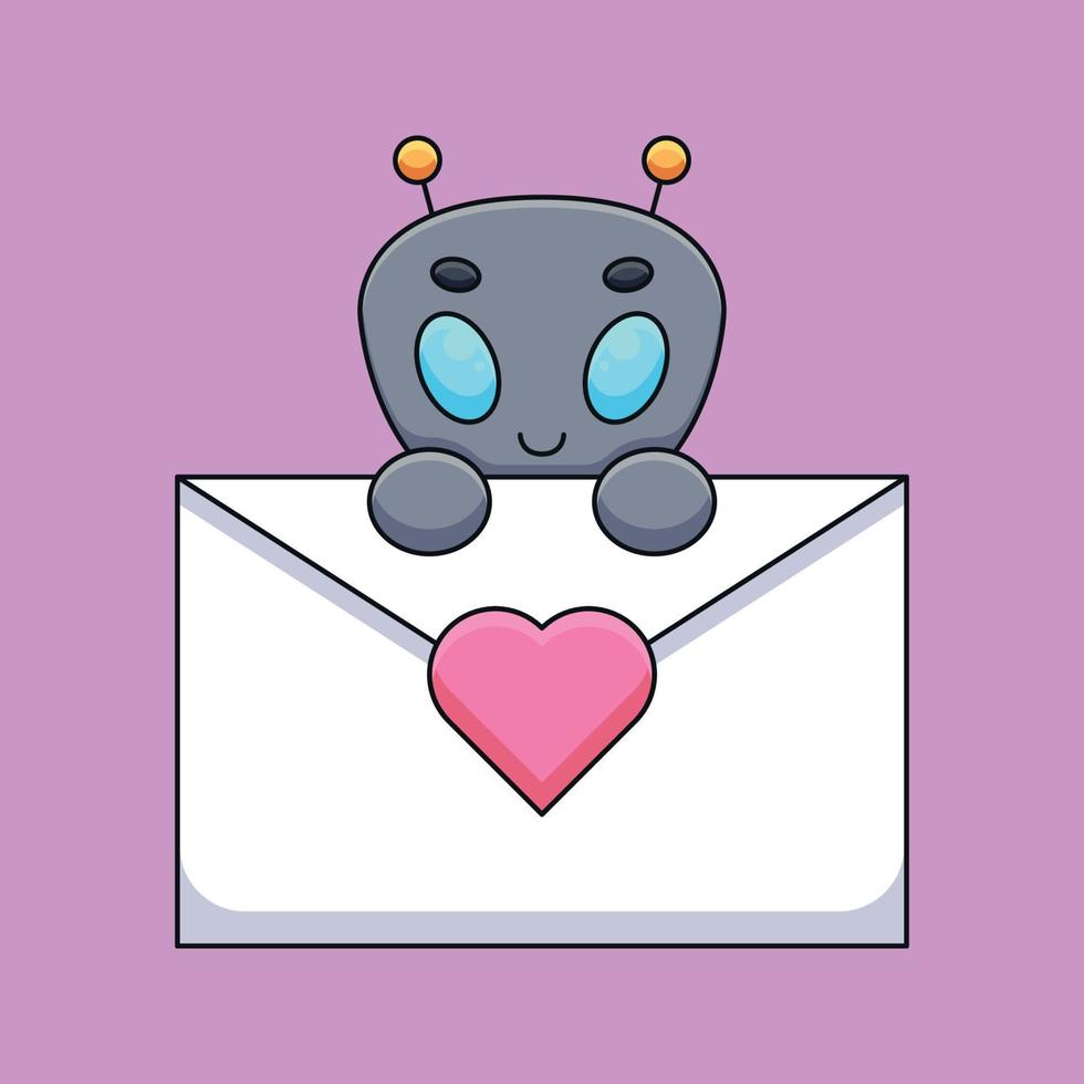 cute alien holding a love letter cartoon mascot doodle art hand drawn outline concept vector kawaii icon illustration