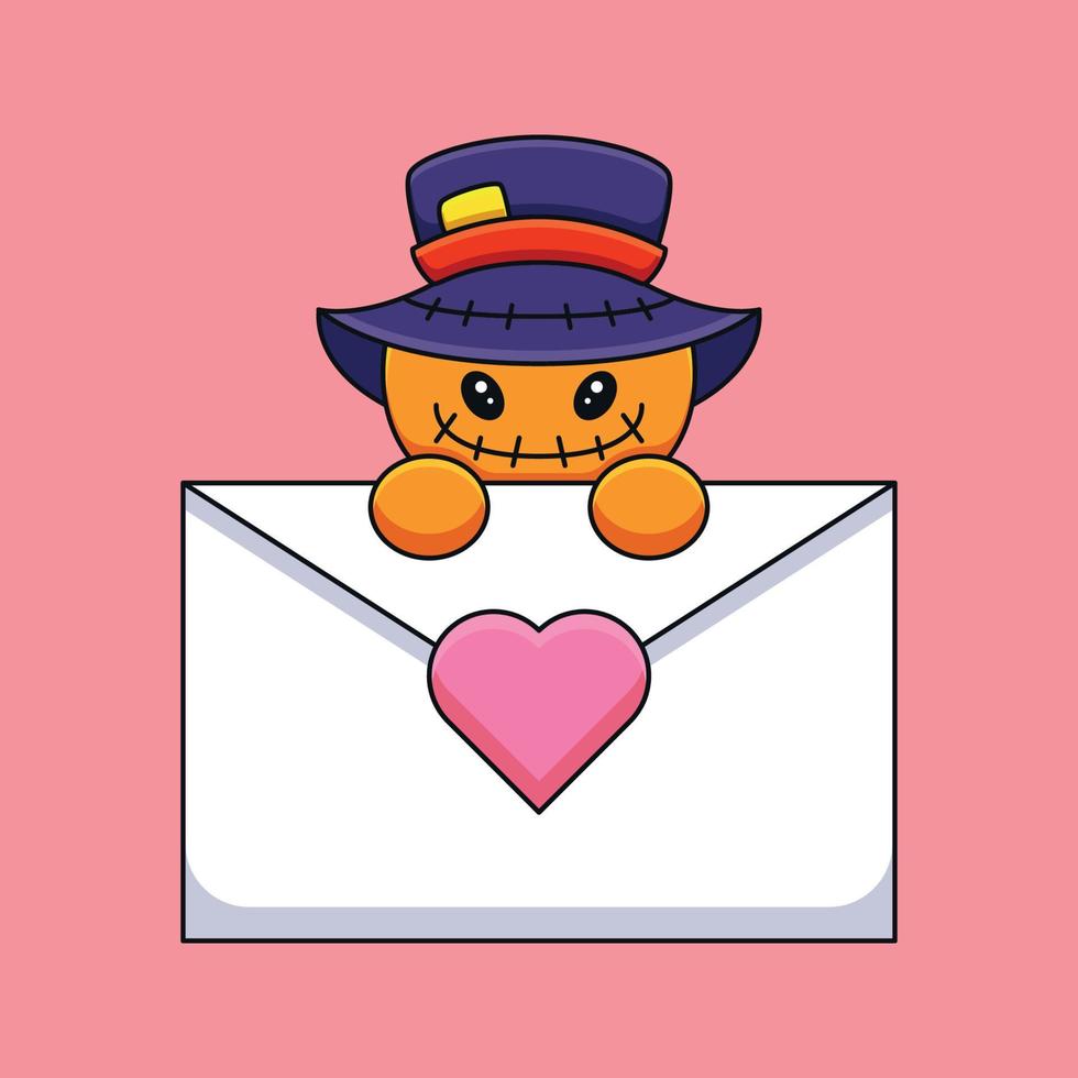 cute scarecrow holding a love letter cartoon mascot doodle art hand drawn outline concept vector kawaii icon illustration