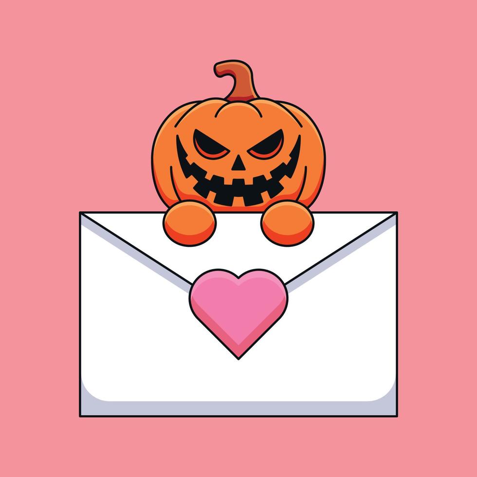 linda calabaza halloween sosteniendo una carta de amor caricatura mascota garabato arte dibujado a mano esquema concepto vector kawaii icono ilustración