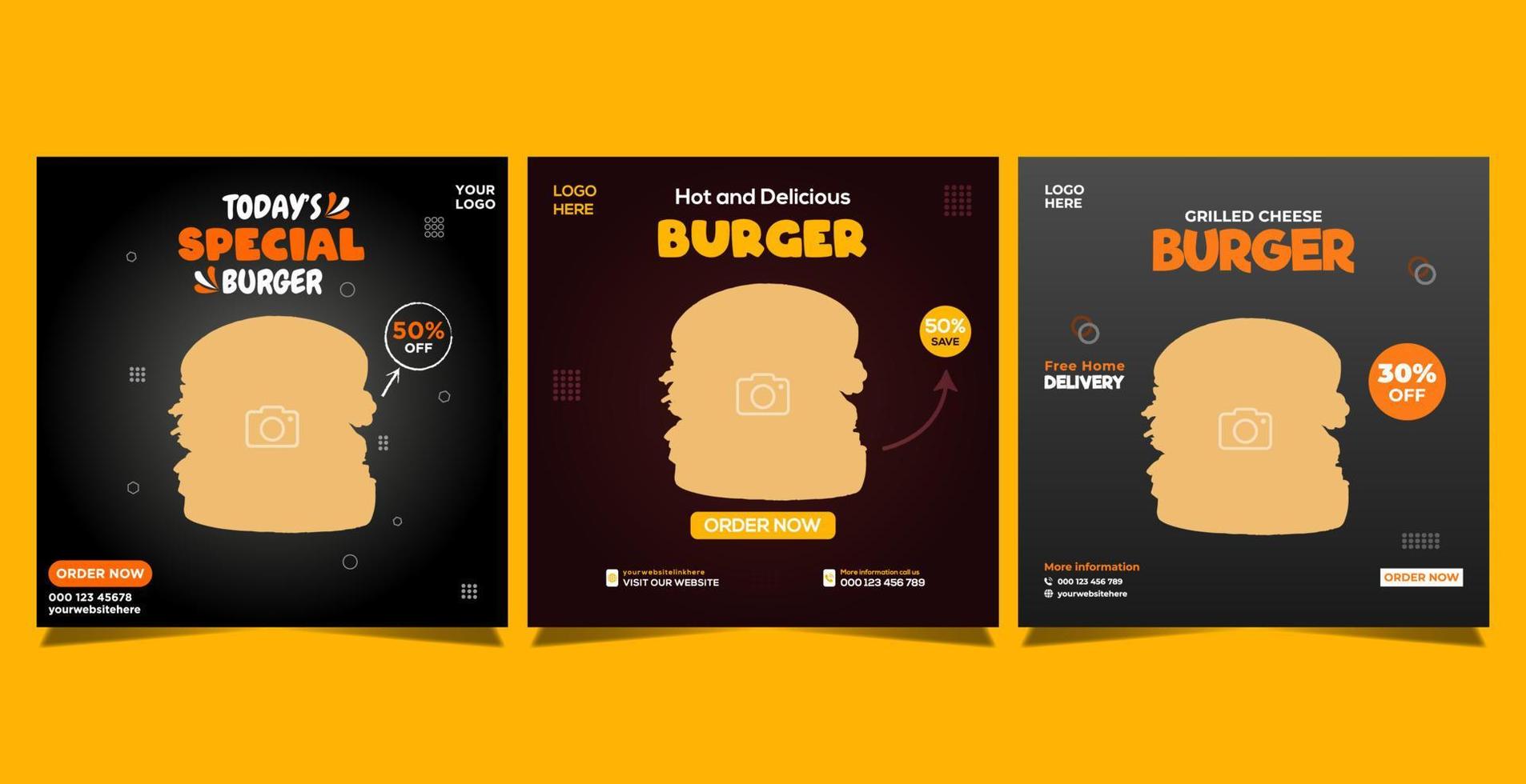 Delicious Burger and Food Menu Social Media Post Templates vector