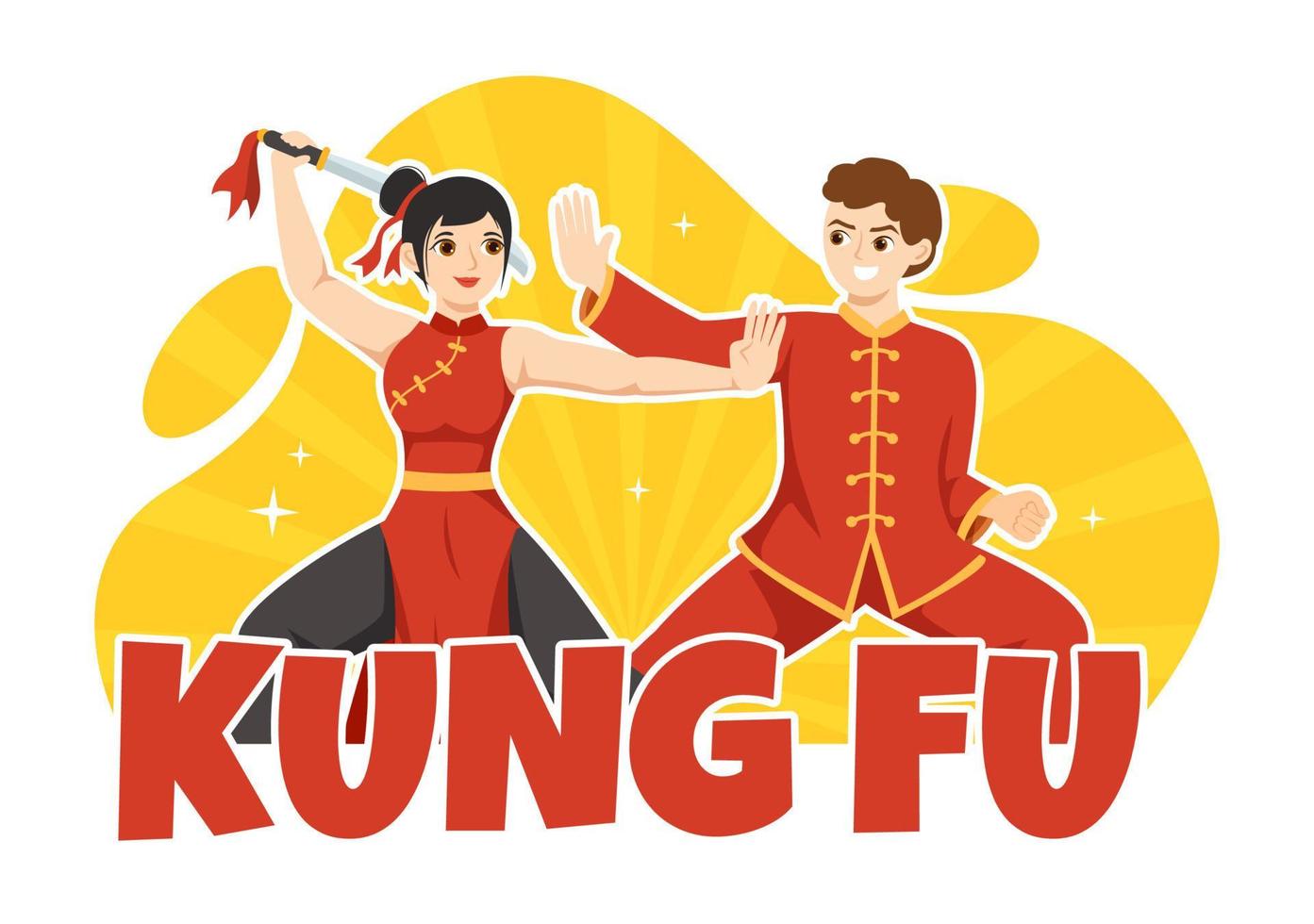 ilustración de kung fu con personas que muestran arte marcial deportivo chino en dibujos animados planos dibujados a mano para banner web o plantillas de página de inicio vector