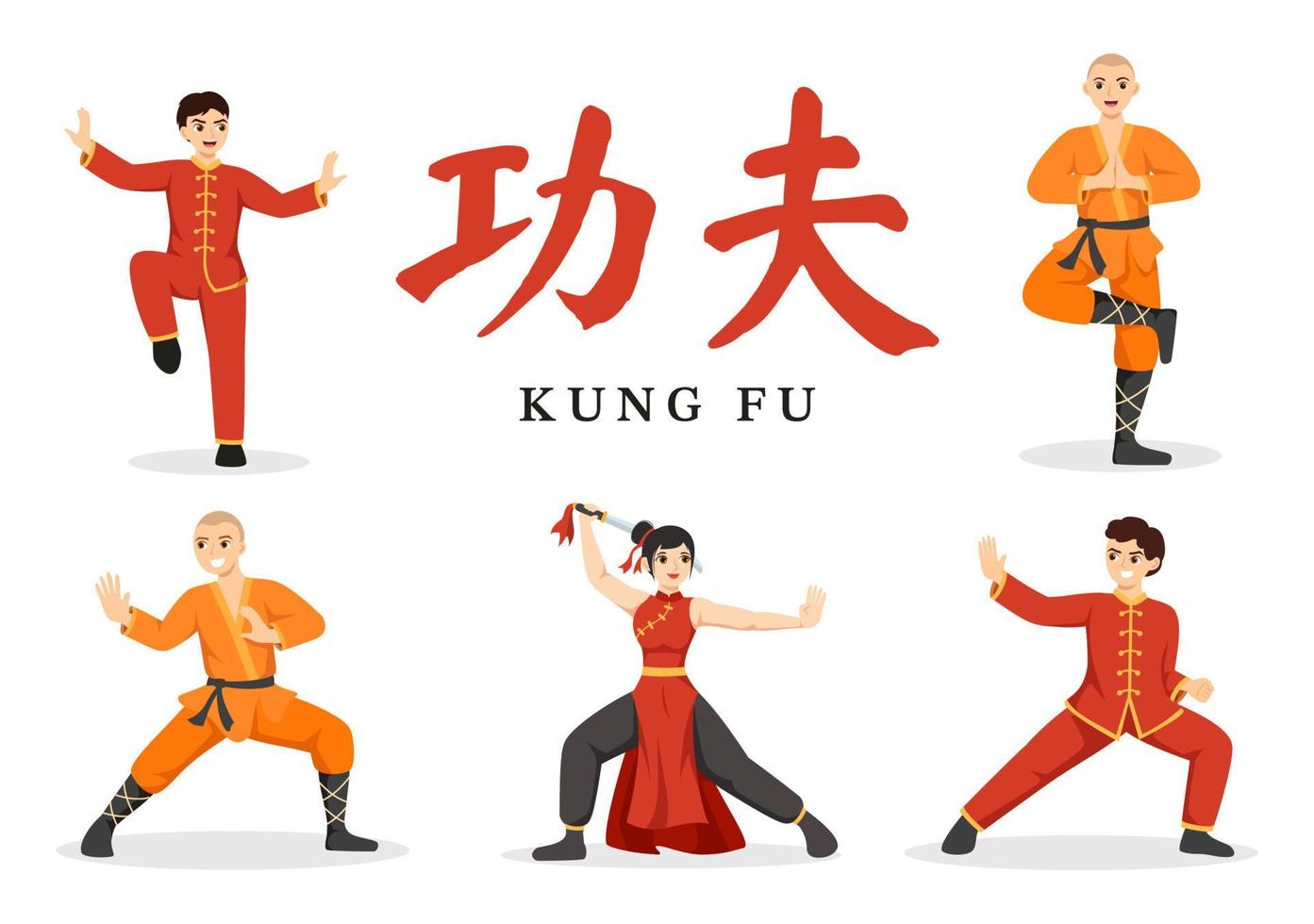 ilustración de kung fu con personas que muestran arte marcial deportivo chino en dibujos animados planos dibujados a mano para banner web o plantillas de página de inicio vector