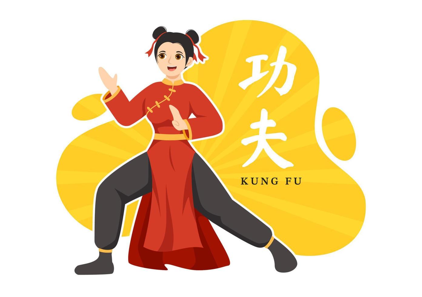 ilustración de kung fu con personas que muestran arte marcial deportivo chino en dibujos animados planos dibujados a mano para banner web o plantillas de página de inicio vector